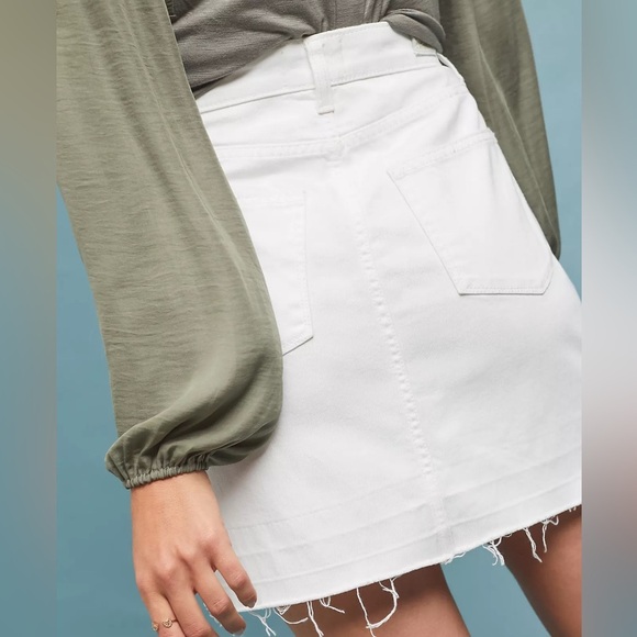 Aideen White Button-Front Denim Mini Skirt Stretch Cotton Blend Raw Hem Sz 10 - Picture 13 of 14